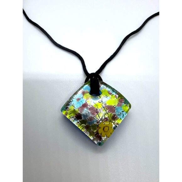 Murano Glass Millefiori Dichroic Square Pendant Necklace VS Artisan Blue Floral - Picture 7 of 9